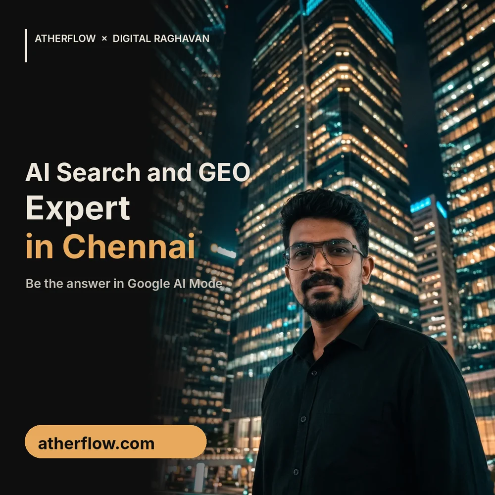 AI search and GEO expert in Chennai banner with Digital Raghavan in a China business district at night