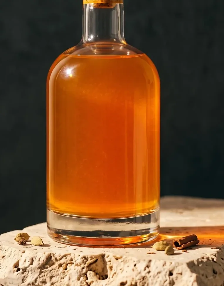 Close-up of an amber glass bottle on travertine stone, a detail from a product photography set