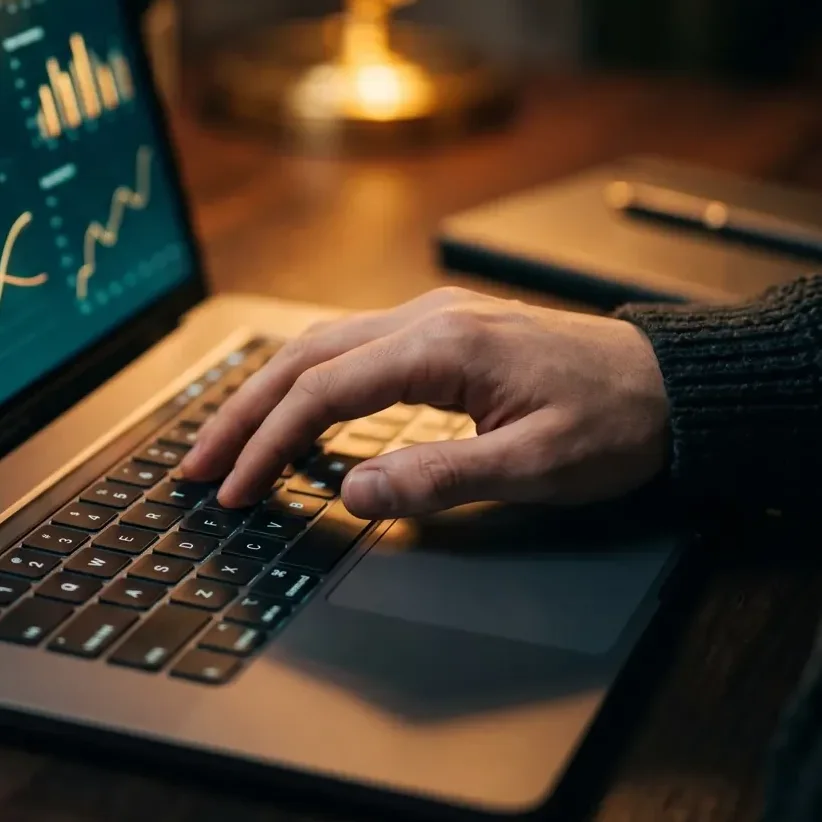 Detail of a hand typing on a laptop keyboard beside charts glowing under an amber desk lamp