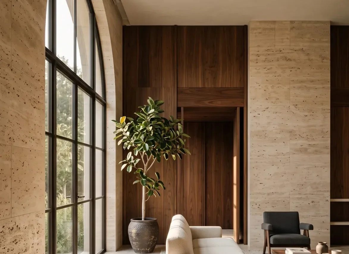 Wide view of a studio interior with a tall arched window, travertine wall and olive tree
