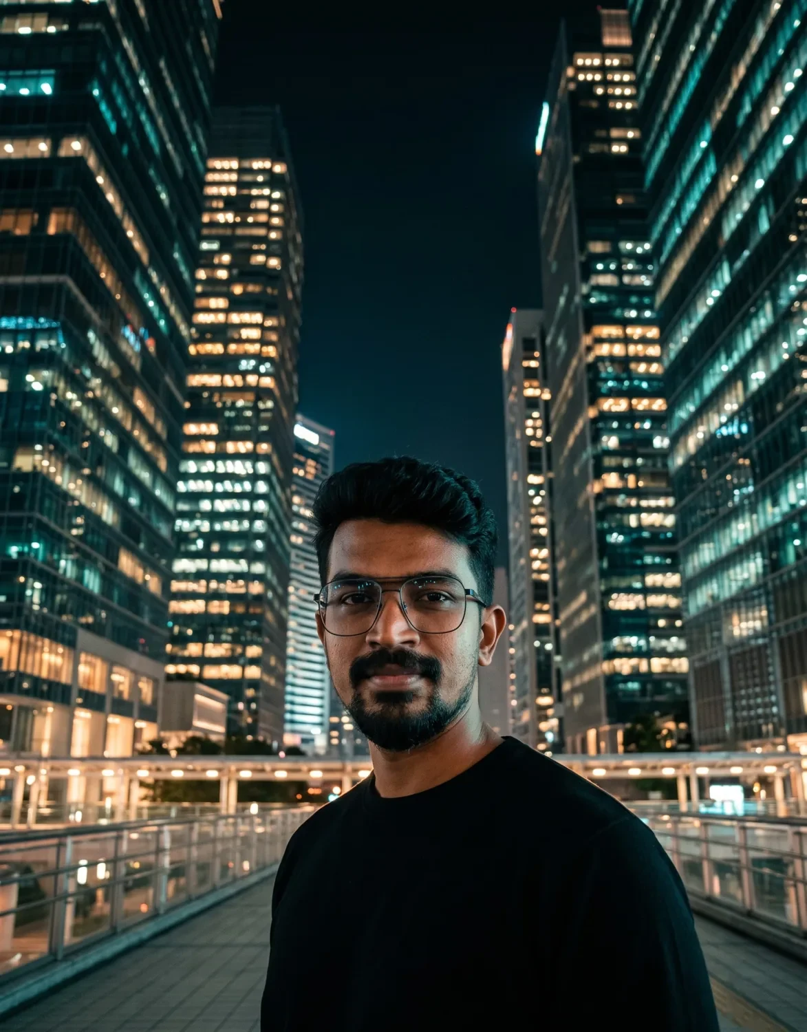 AtherFlow founder portrait in teal and amber night light with a dense city skyline and street glow behind him