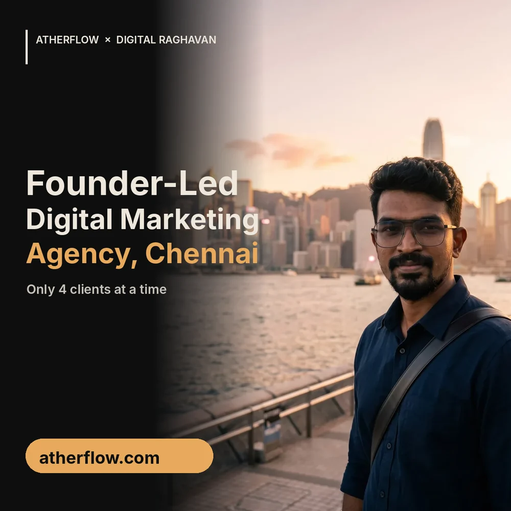 Founder-led digital marketing agency in Chennai banner with Veera Raghavan on the Hong Kong waterfront