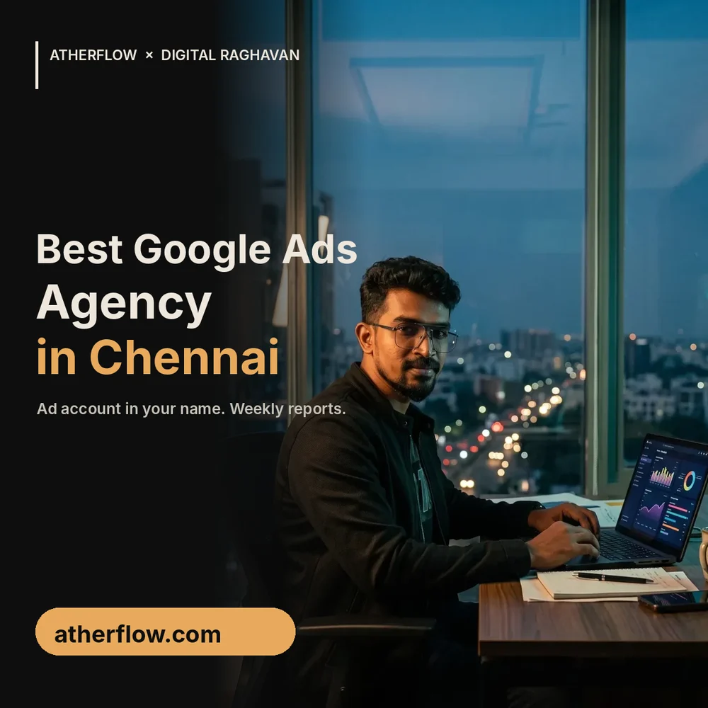 Best Google Ads agency in Chennai banner with founder Veera Raghavan reviewing a Google Ads dashboard
