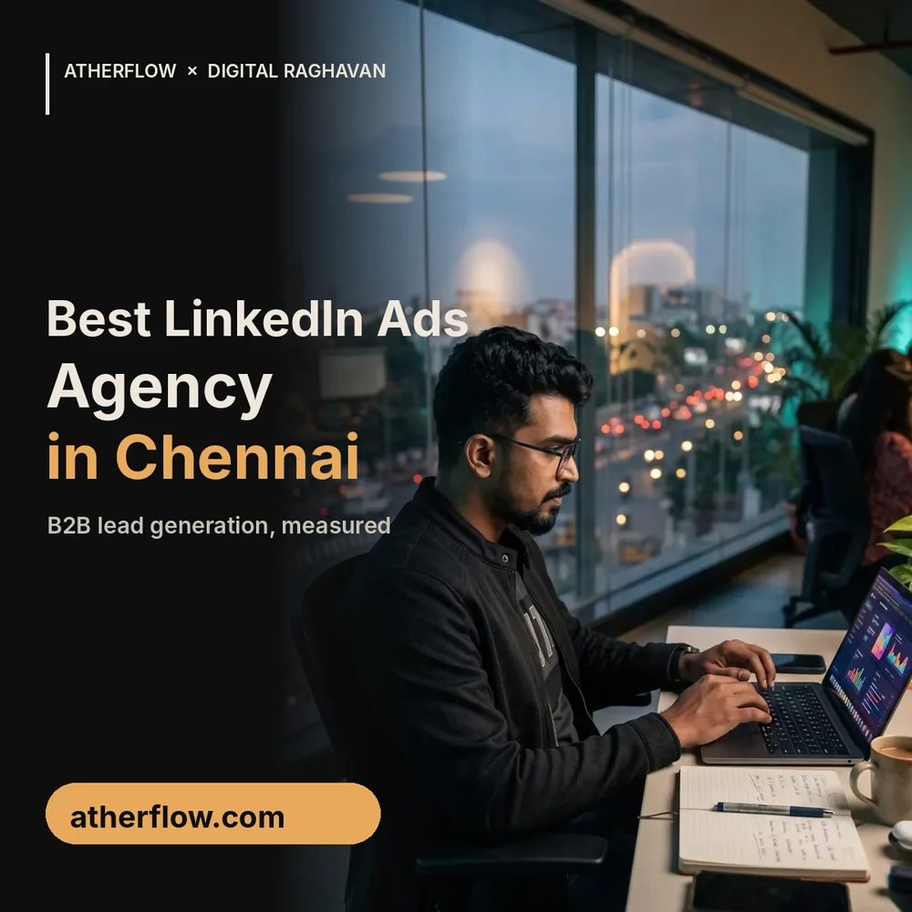 Best LinkedIn Ads agency in Chennai banner with the founder reviewing B2B campaign reports at his desk