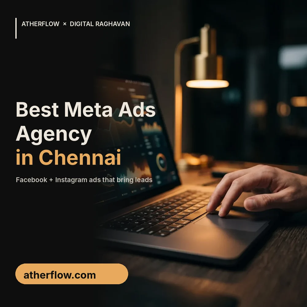 Best Meta Ads agency in Chennai banner showing a Meta Ads dashboard on a laptop in a dark room