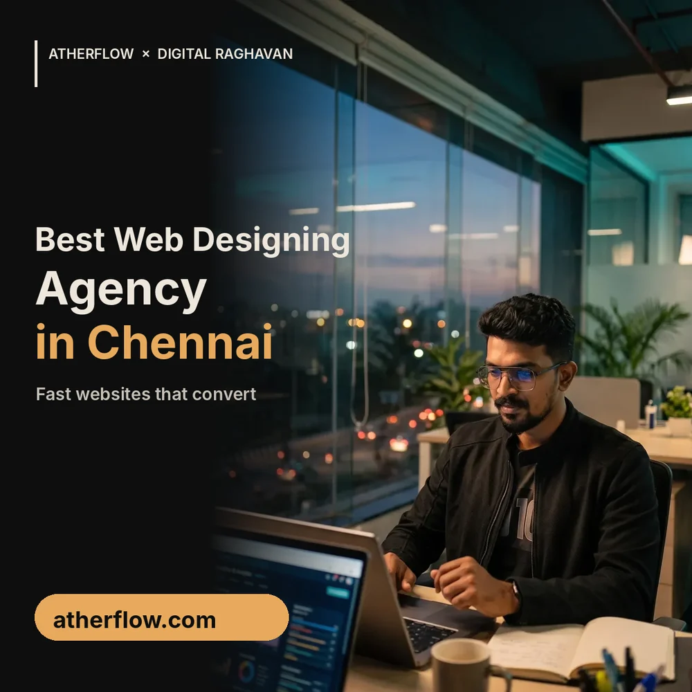Best web designing agency in Chennai banner with the founder at a desk with a laptop showing analytics