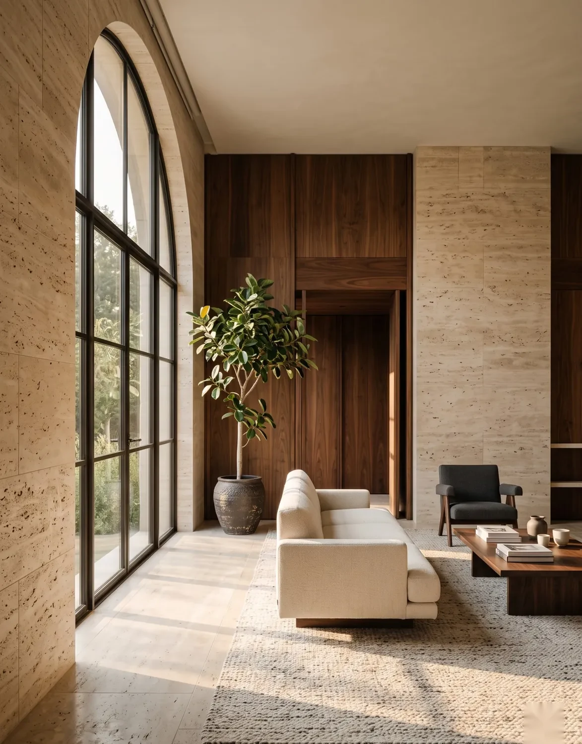 Calm modern studio interior with travertine walls, walnut panelling and a tall arched window letting in warm daylight