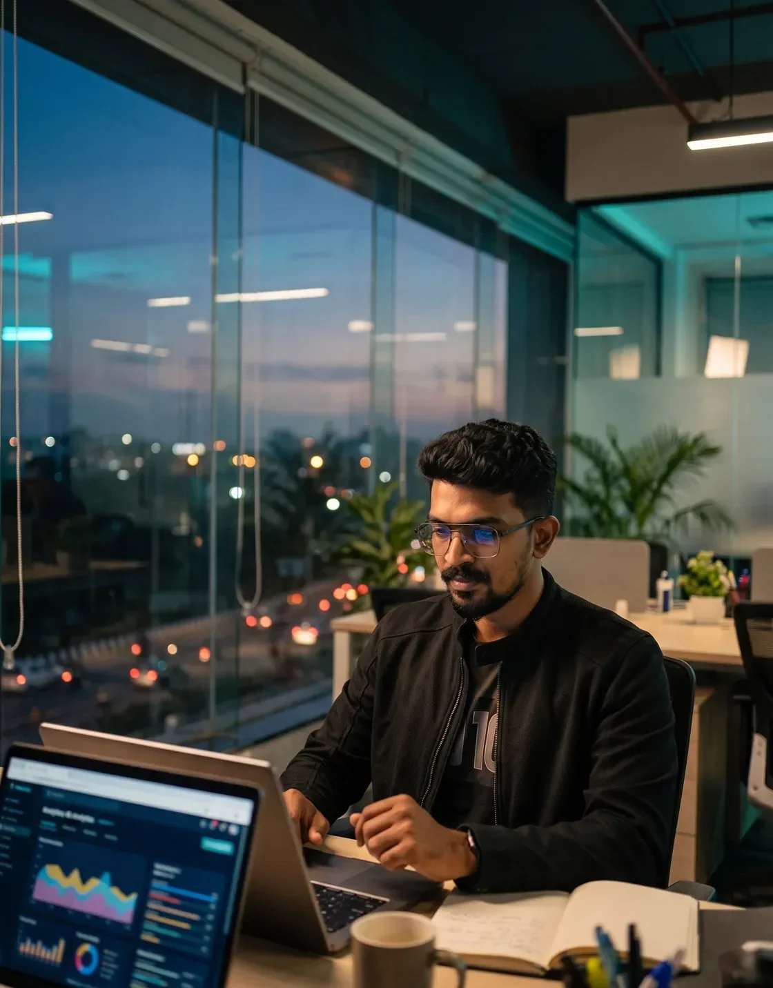 Desk, laptop and analytics Chennai web design agency founder at a desk with a laptop showing analytics while city lights glow outside
