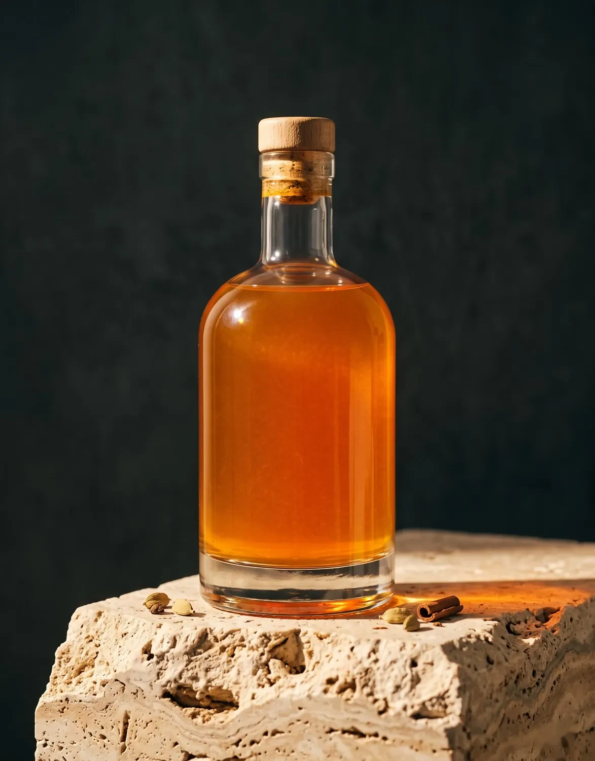 Amber glass bottle of cold-pressed juice on a travertine stone pedestal against a dark background, product photography