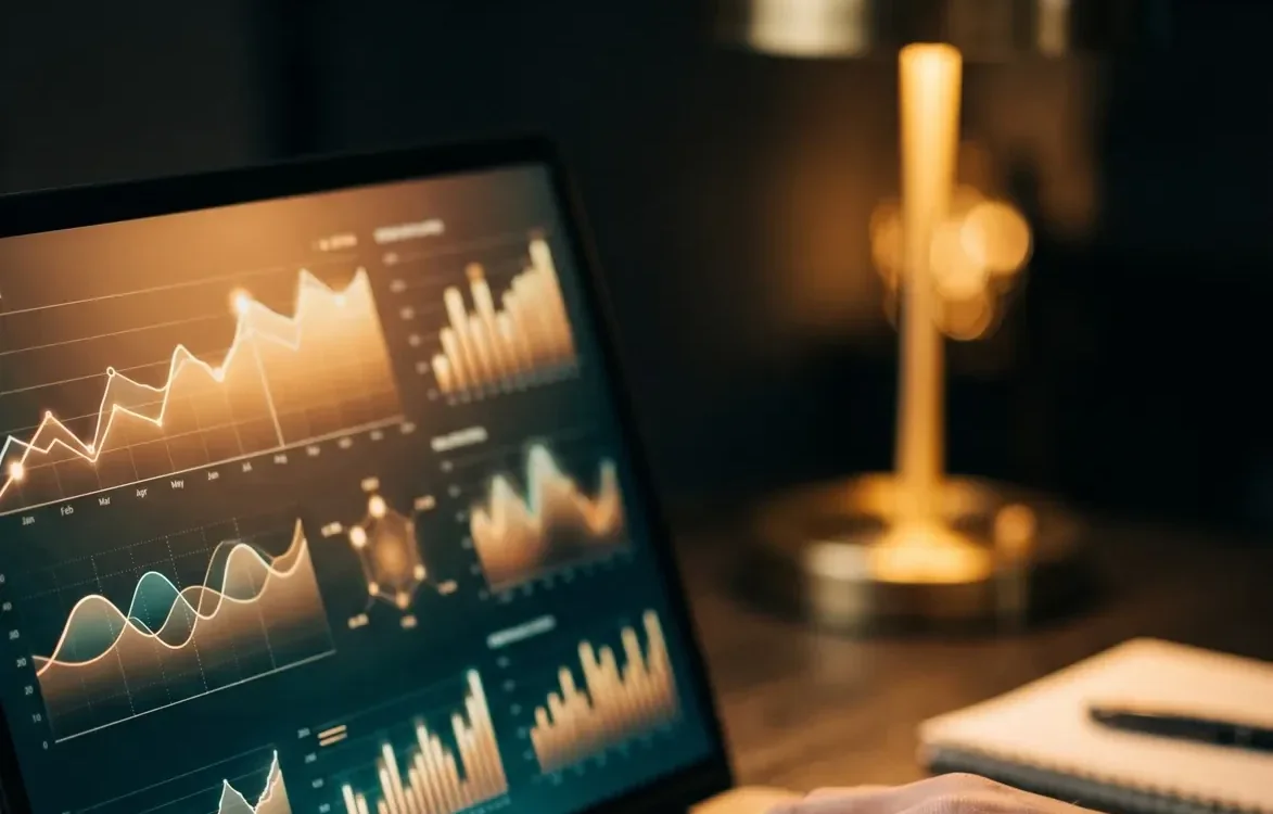 Wide crop of a conversion tracking analytics screen with warm lamp light on a dark desk