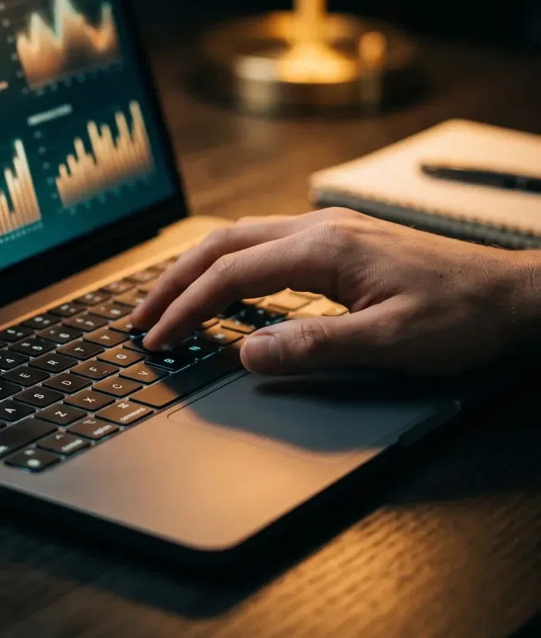 Close-up of a keyboard and trackpad under a warm lamp while conversion data glows on screen