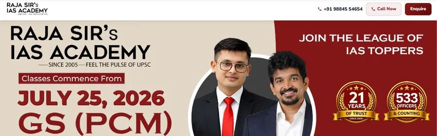 Hero section of the Raja Sir's Cracking IAS Academy website with batch dates and toppers, built by AtherFlow Chennai