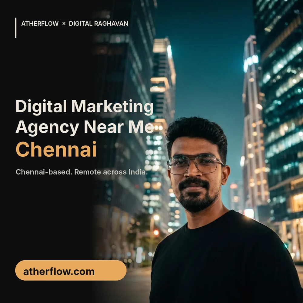 Digital marketing agency near me in Chennai banner with Digital Raghavan on a Shenzhen bridge at night