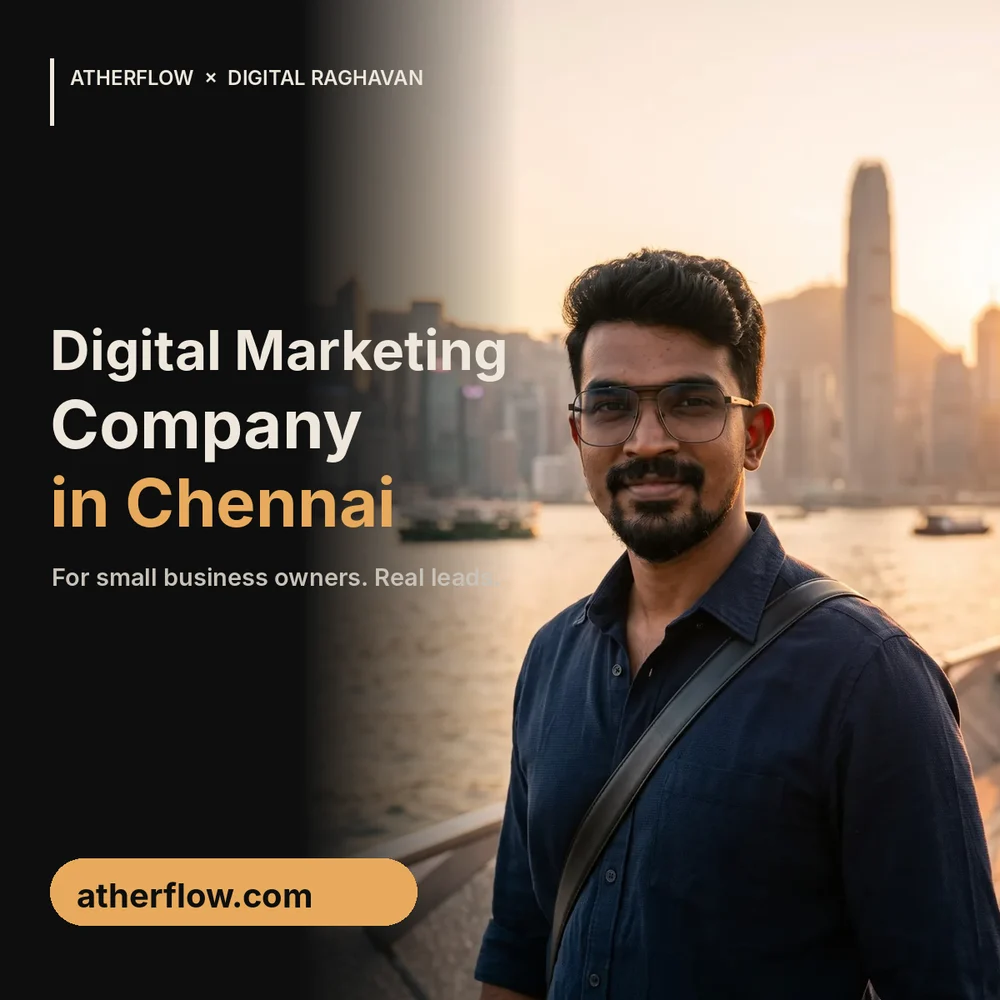 Digital marketing company in Chennai for small business banner with the founder at Hong Kong harbour at sunset