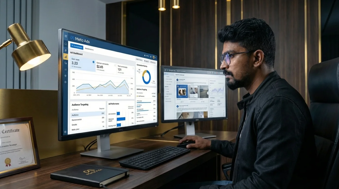 Digital Raghavan at a desk with a warm lamp and two monitors showing a Google Ads dashboard in Chennai