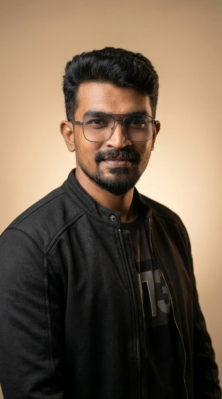 Digital Raghavan in a black jacket against a warm beige studio backdrop, performance marketer portrait