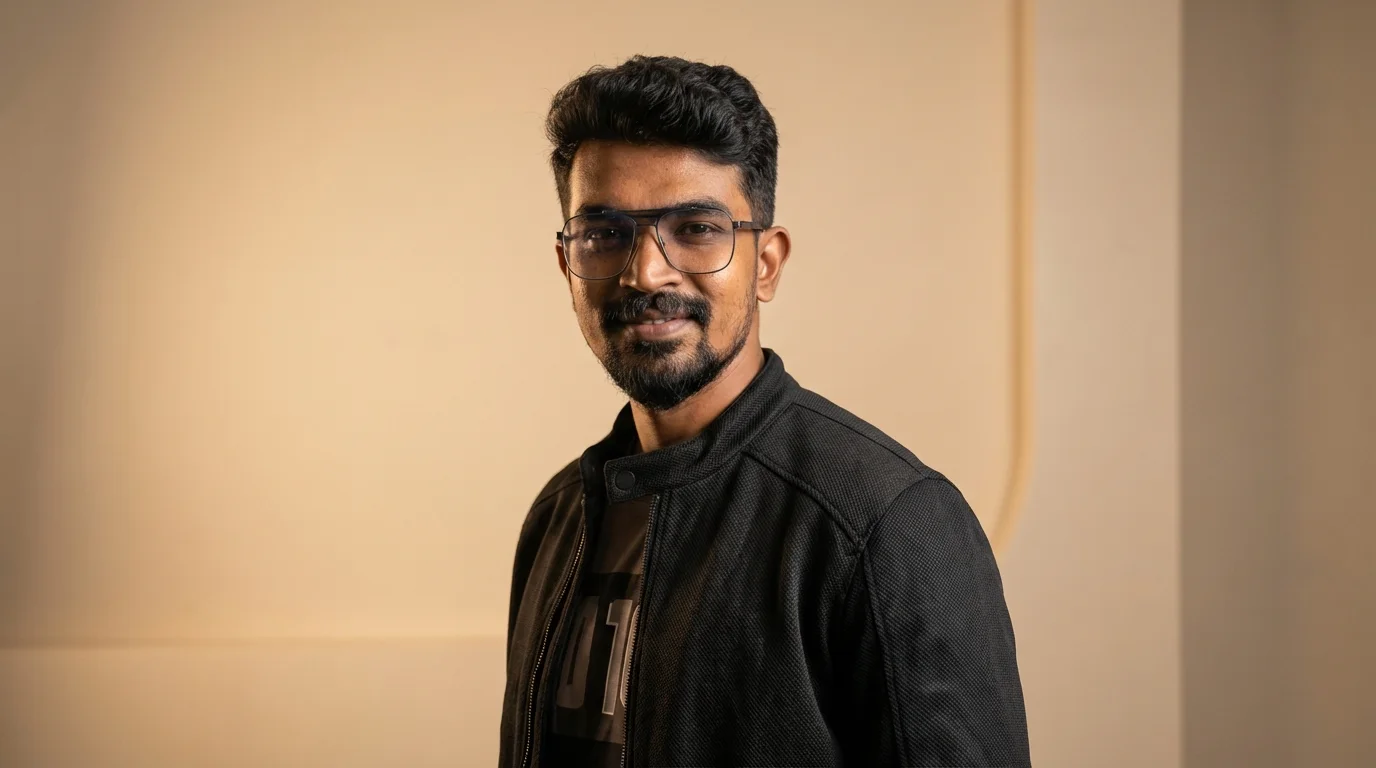 Digital Raghavan with glasses and a black jacket against a soft beige wall, Chennai marketing founder