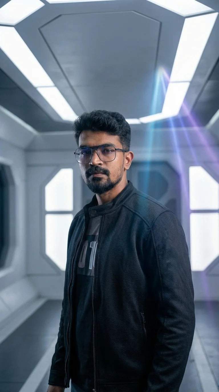 Full length portrait Full length portrait of Digital Raghavan in a black jacket standing in a white futuristic corridor
