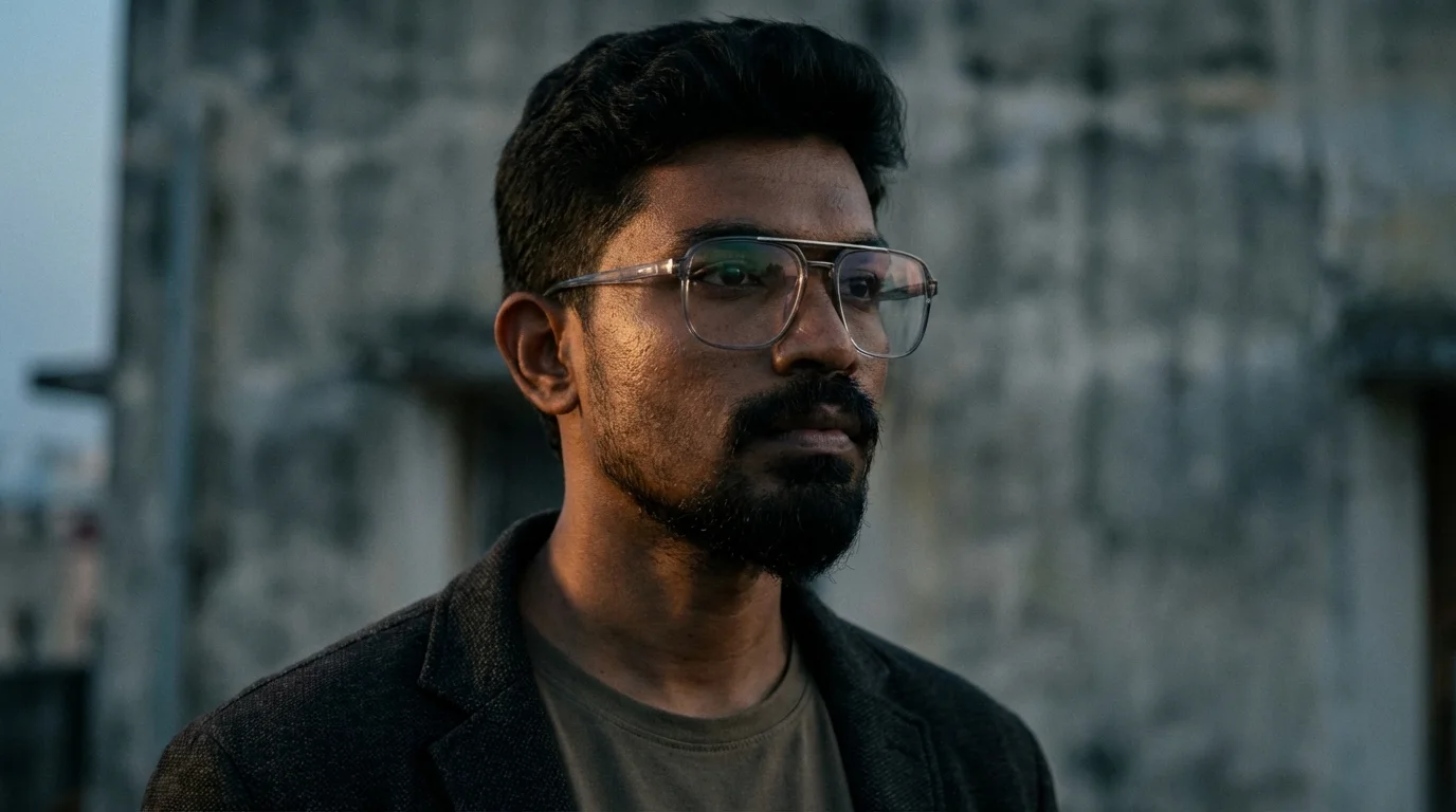Close-up portrait of Digital Raghavan with glasses and a beard against a moody urban background in Chennai