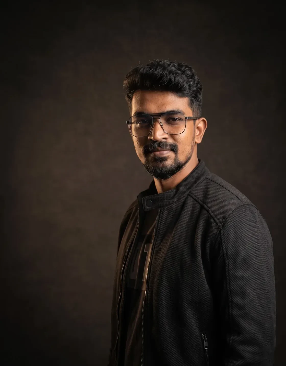 Founder of the AtherFlow digital marketing agency in Chennai, three-quarter studio portrait against a dark wall