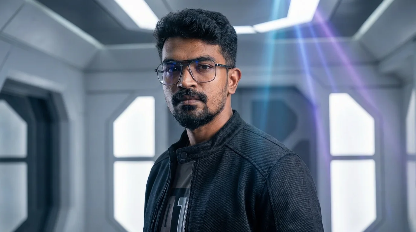 Digital Raghavan in a black jacket inside a bright futuristic studio, AI marketing agency founder in Chennai