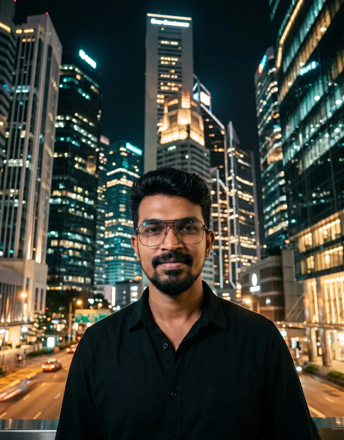Global business travel photo of Veera Raghavan on a busy night street under tall lit office buildings in Asia