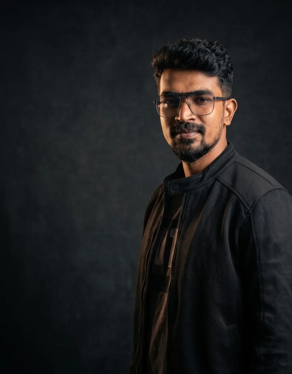 Google Ads and Meta Ads specialist Digital Raghavan in a textured black jacket, studio portrait in Chennai