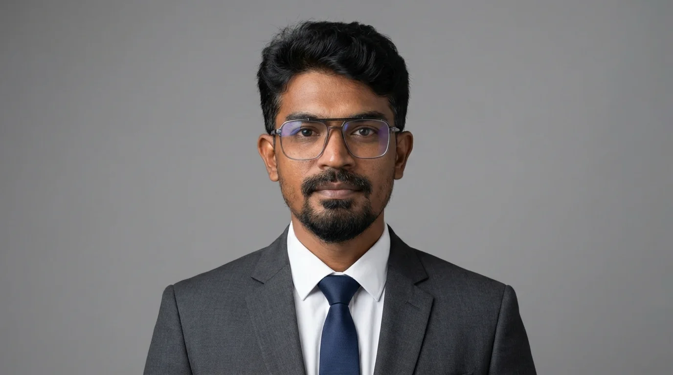 Professional portrait, Chennai Digital Raghavan in a grey suit and navy tie, professional portrait of a Chennai performance marketer