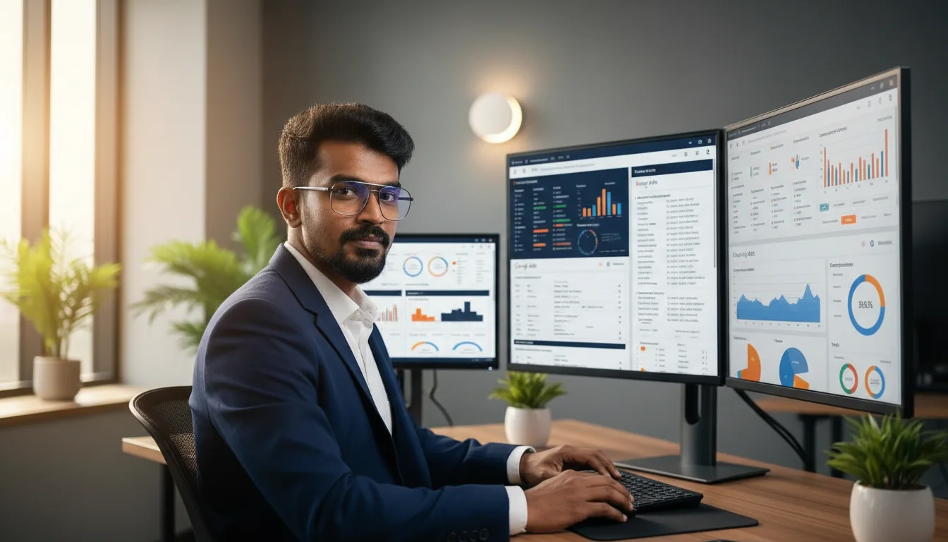 Working from the studio Digital Raghavan working in a sunlit home office with dual monitors of analytics and green plants beside him