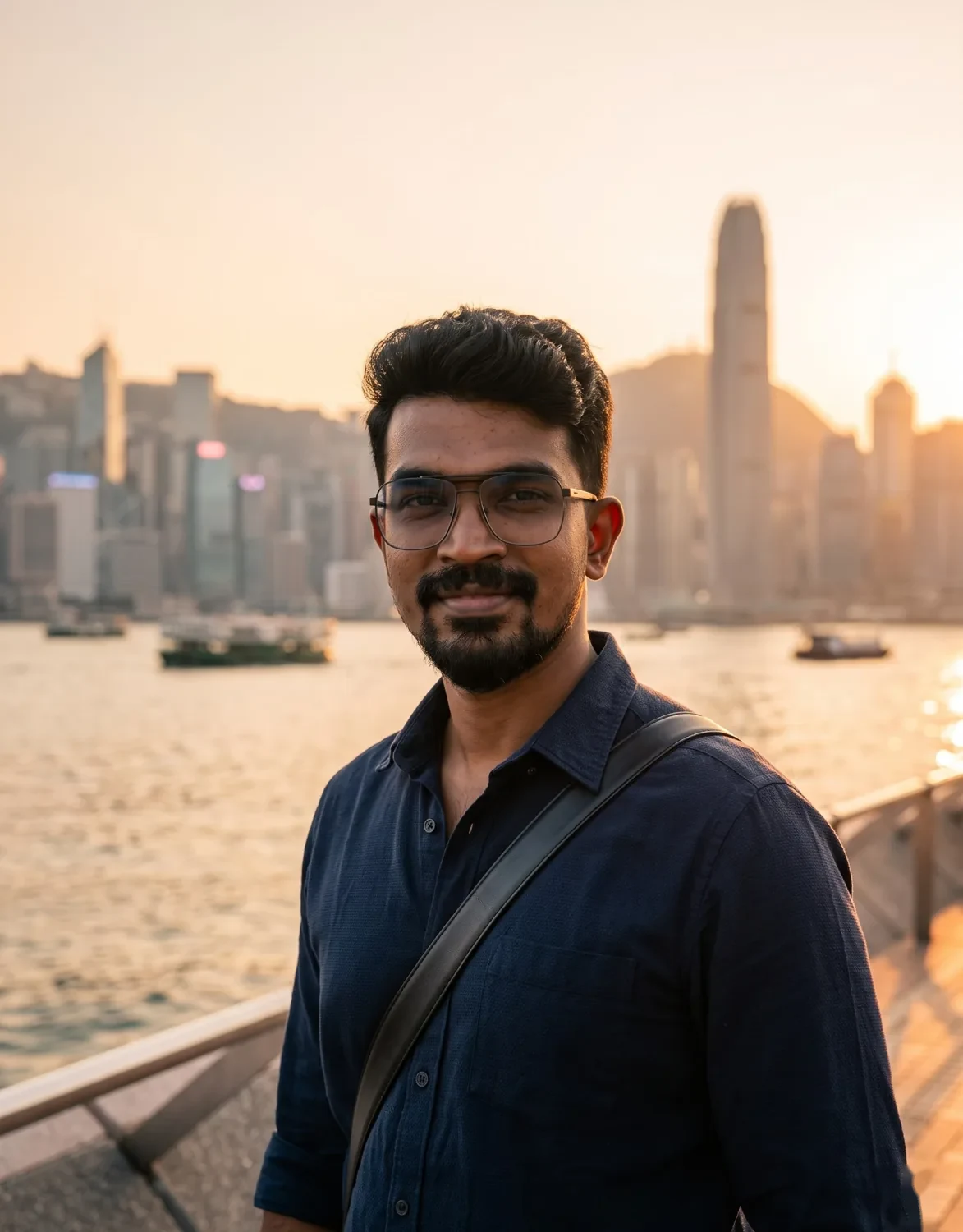 Business trip, Hong Kong harbour sunset Founder Veera Raghavan on a Hong Kong harbour promenade at sunset with the Victoria Harbour skyline behind