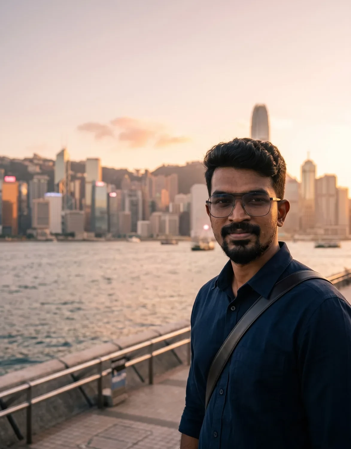 Digital Raghavan founder smiling on the Hong Kong waterfront in golden hour light above the harbour skyline