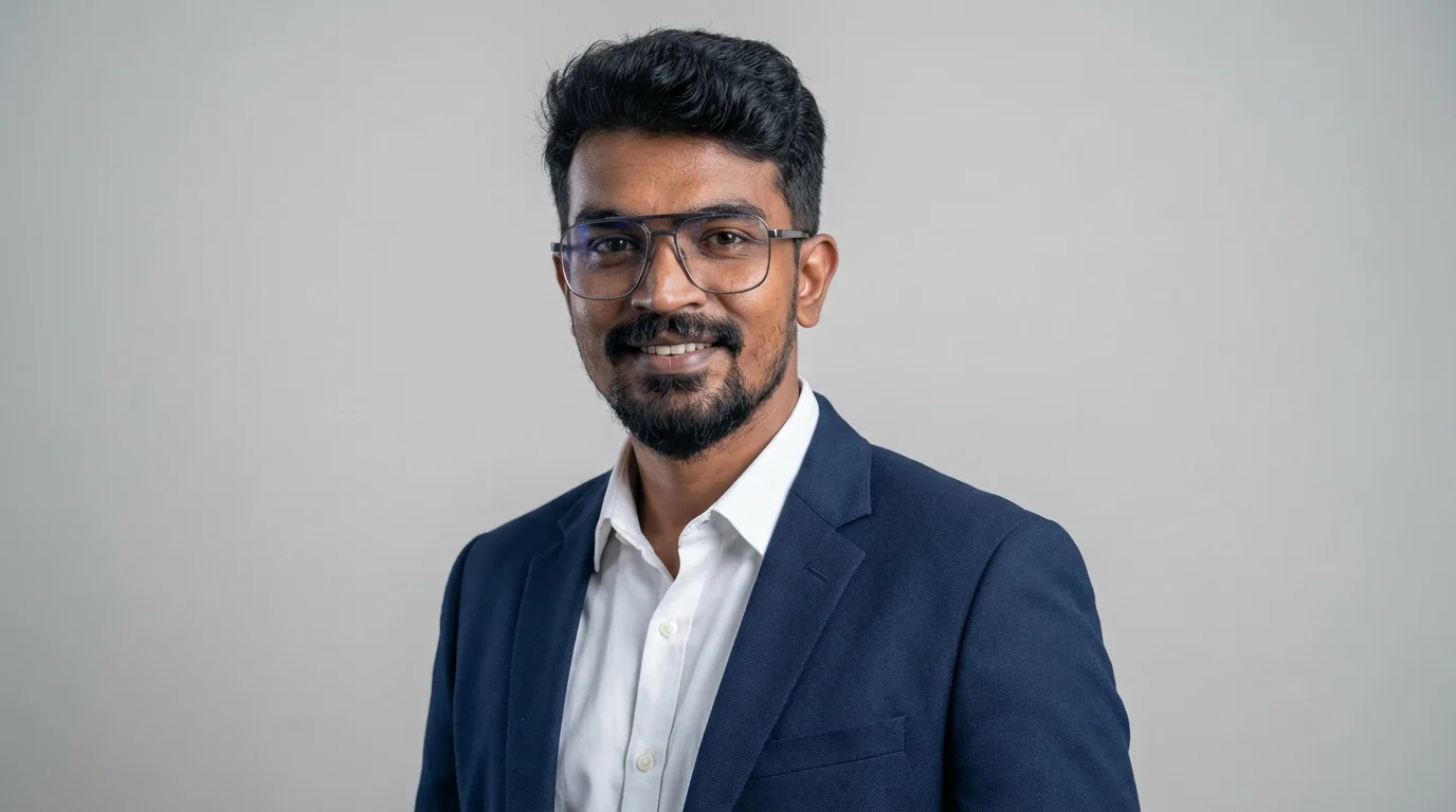 Digital Raghavan in a navy blazer and white shirt, clean business portrait of a Chennai digital marketing founder