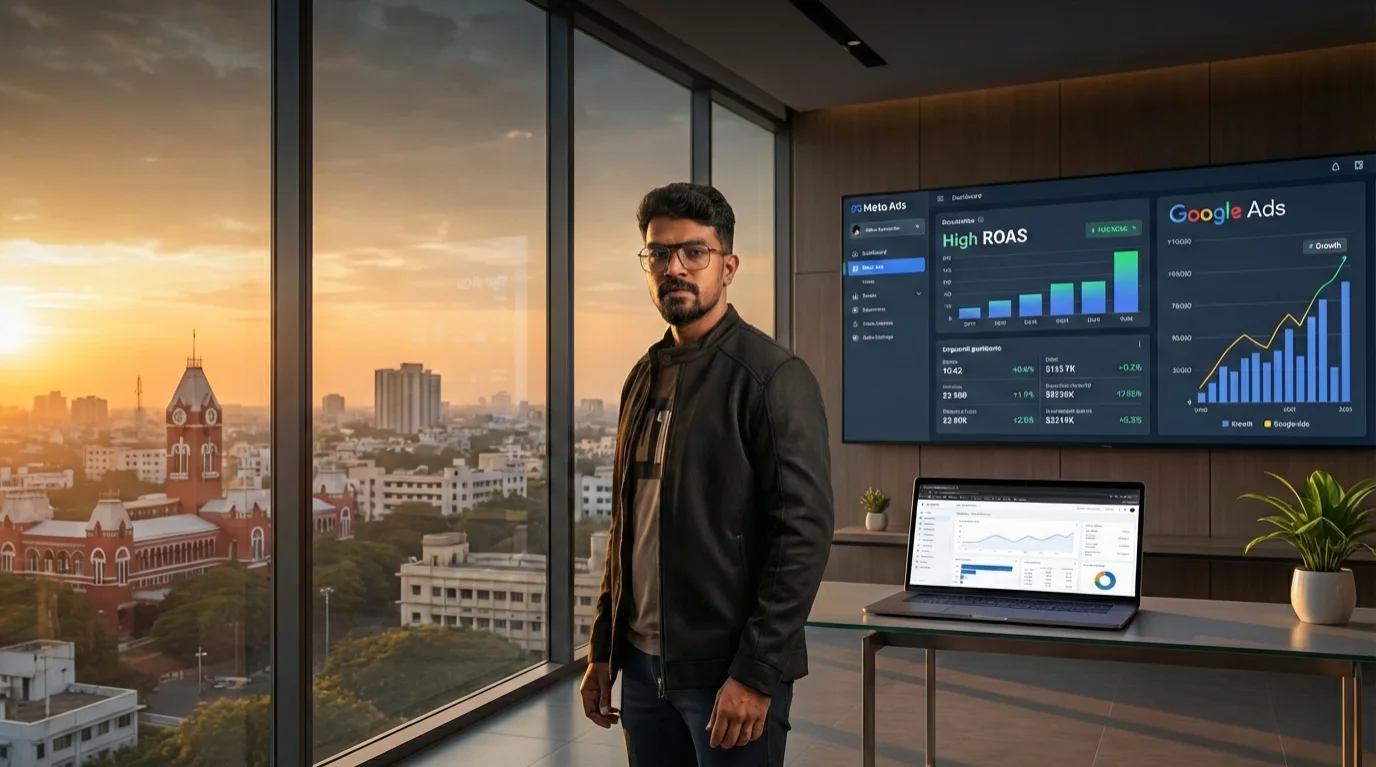 Digital Raghavan standing in an office at sunset with a wall of ad dashboards and the Chennai skyline behind him