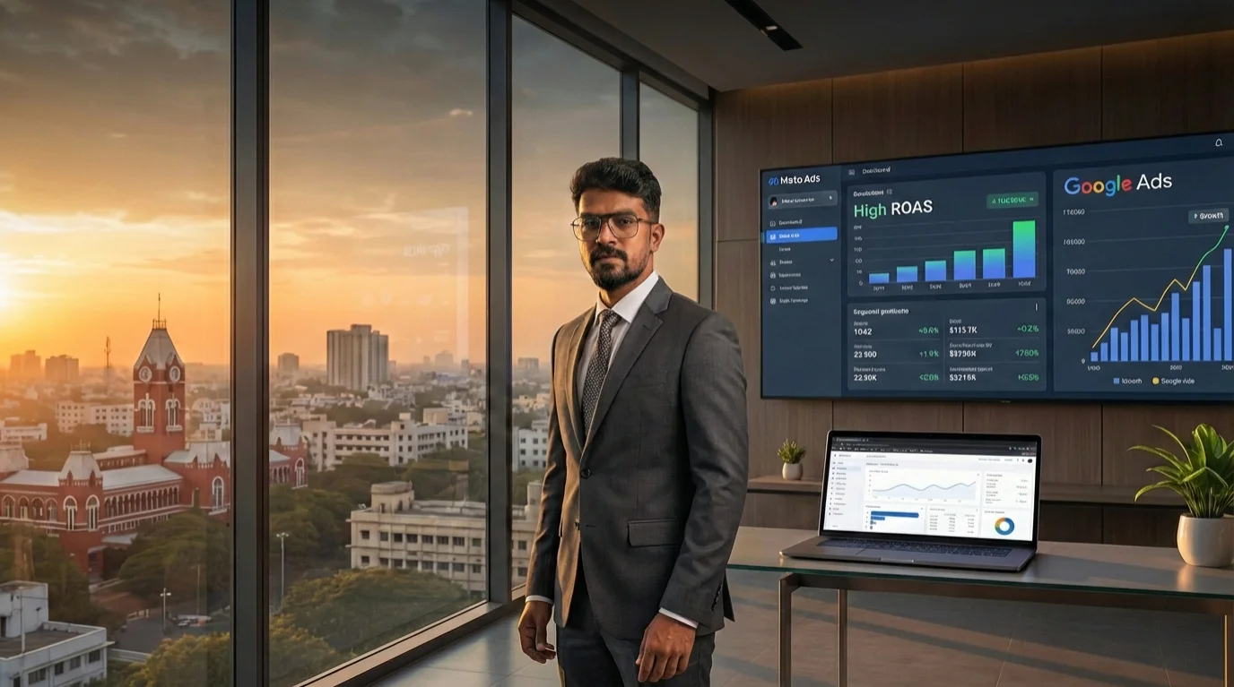 Dashboards and a city view Digital Raghavan in a blazer by a floor-to-ceiling window at sunset with Google Ads dashboards on a wall screen