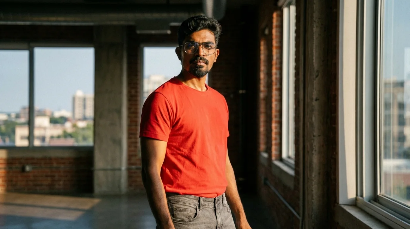 Founder at the office window Digital Raghavan in an orange shirt at a loft office window overlooking the city, founder portrait Chennai