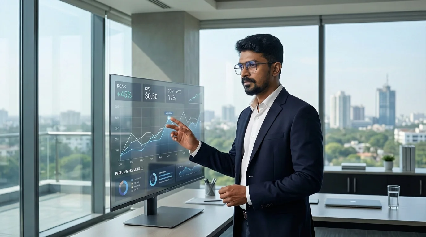 Presenting analytics Digital Raghavan in a navy blazer presenting analytics on a glass screen in a high-rise Chennai office