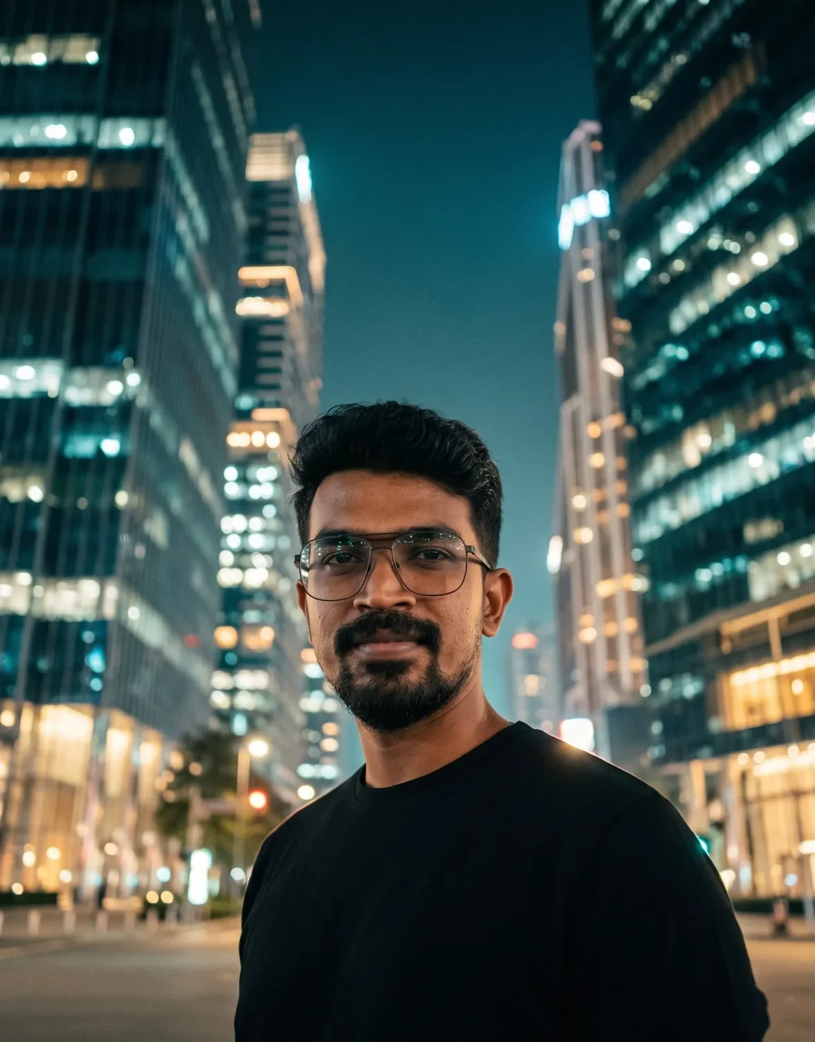Digital Raghavan portrait on a Shenzhen footbridge at night with illuminated skyscrapers and city traffic lights