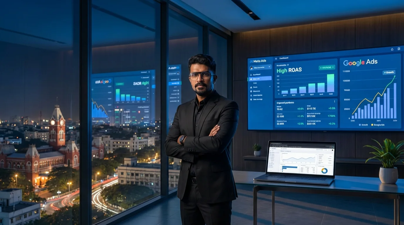 Evening in the office Digital Raghavan with arms crossed in an evening office, performance dashboards glowing on the wall behind him
