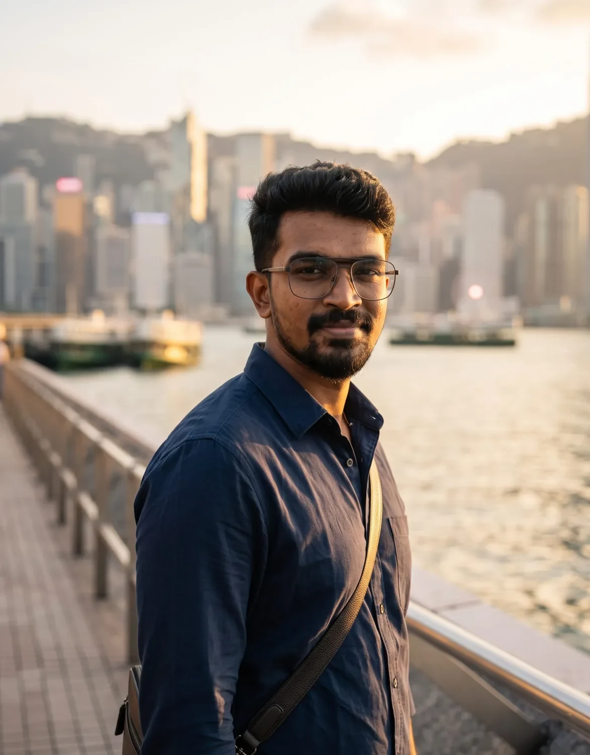 Victoria Harbour travel portrait Veera Raghavan standing at Victoria Harbour in Hong Kong in a navy shirt with the city skyline in the haze