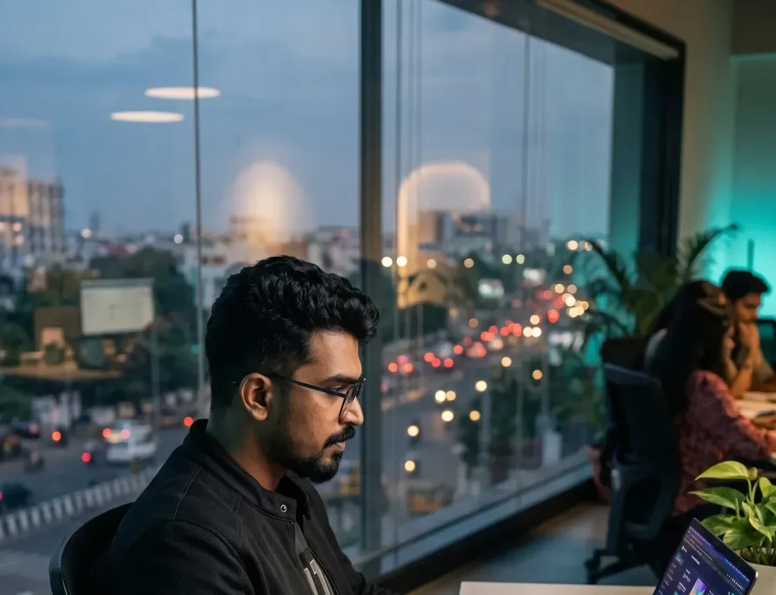 Founder working through campaign reports at an office window with the evening city behind him