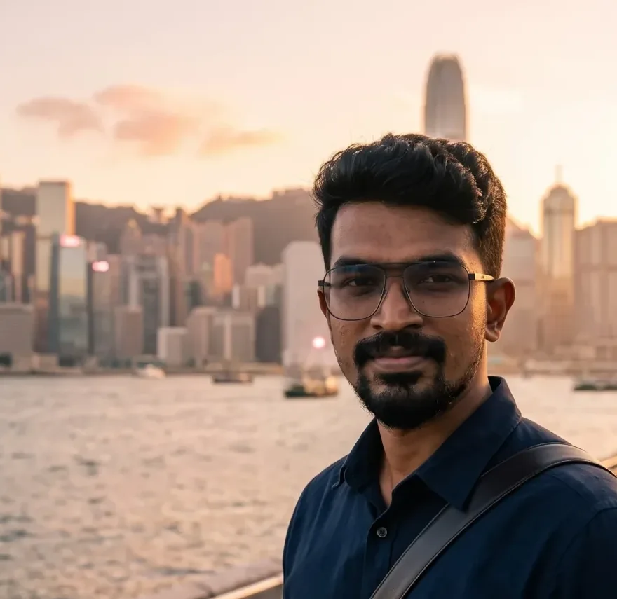 Close-up portrait of the founder on the Hong Kong waterfront at golden hour, AtherFlow Chennai
