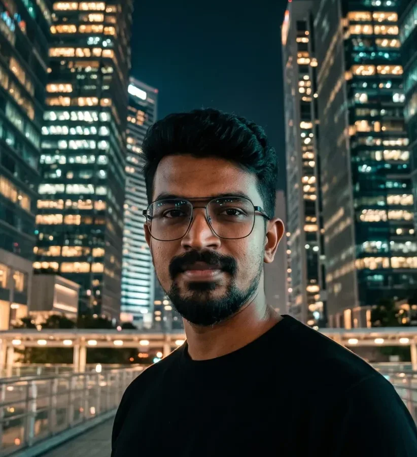 Close portrait of the AtherFlow founder in teal Close portrait of the AtherFlow founder in teal and amber city light at night, AtherFlow Chennai