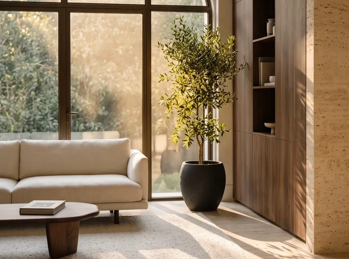 Wide crop of an agency studio sofa and rug lit by golden afternoon light, AtherFlow Chennai