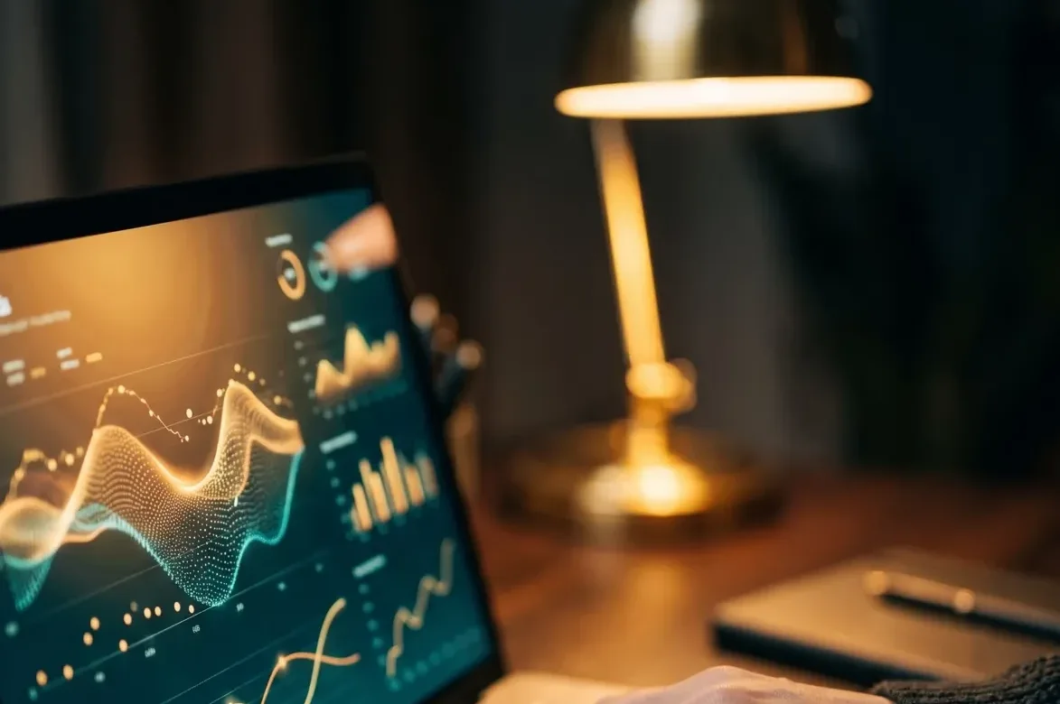 Wide crop of a laptop screen filled with Google Ads analytics charts next to a brass lamp