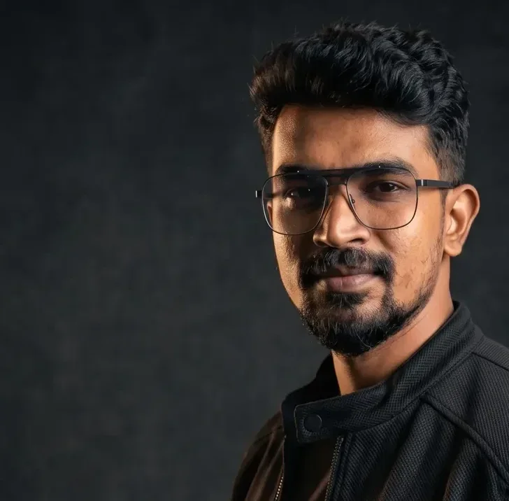 Close-up portrait of a Google Ads and Meta Ads specialist in a dark studio, AtherFlow Chennai