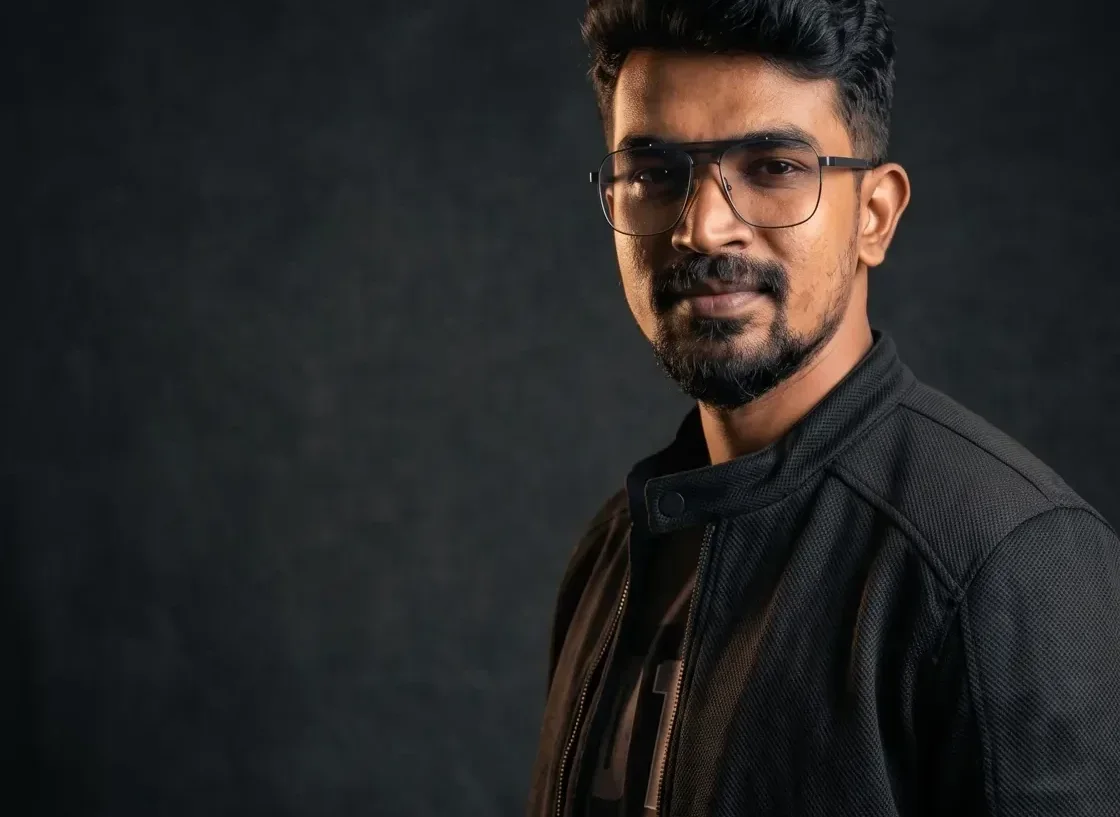Wide studio crop of a Google Ads specialist in a textured black jacket against a dark wall