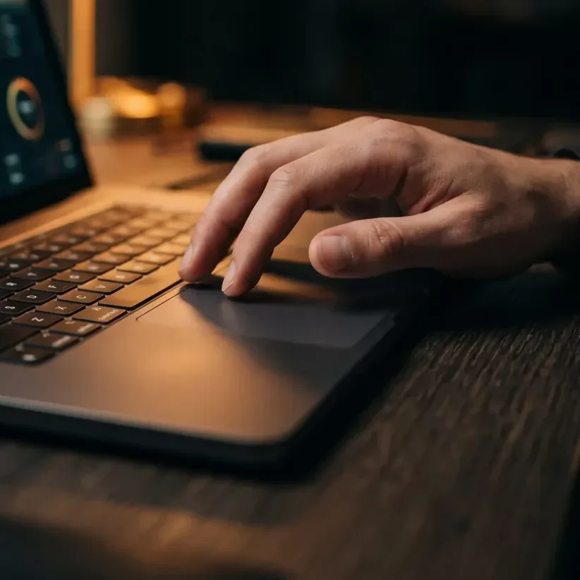 Detail of hands typing on a laptop while a Meta Ads dashboard glows in a dark room