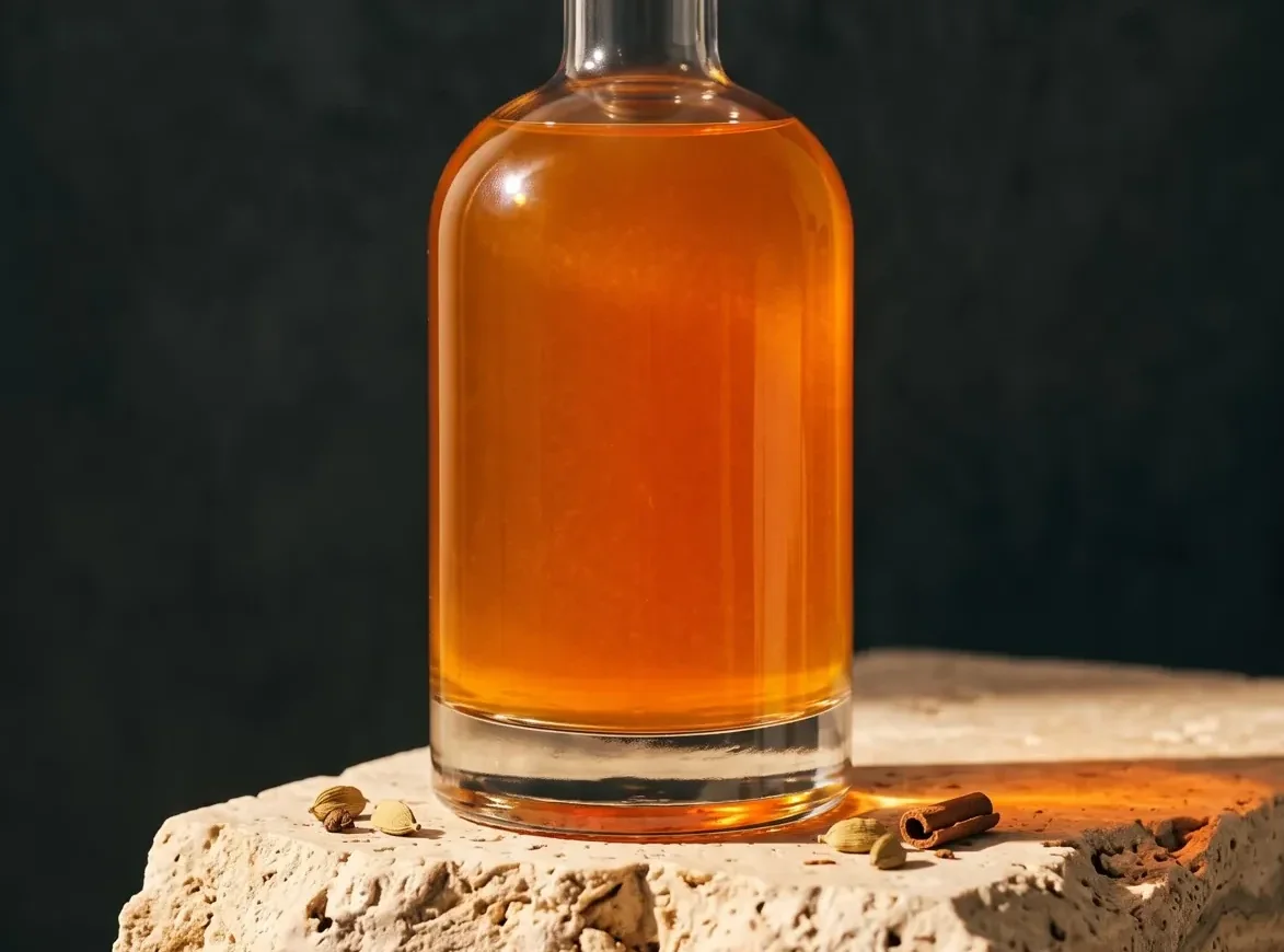 Wide crop of a juice bottle on a travertine pede Wide crop of a juice bottle on a travertine pedestal, a product photography style for ecommerce ads