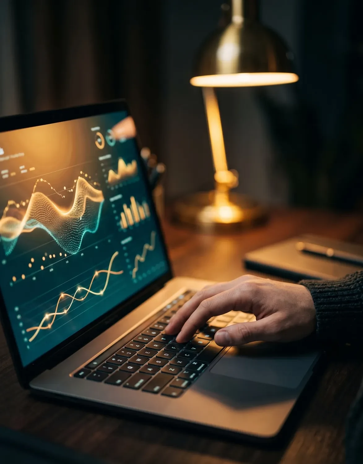 Laptop screen showing glowing ad analytics charts beside a brass desk lamp at night, a hand resting on the keyboard