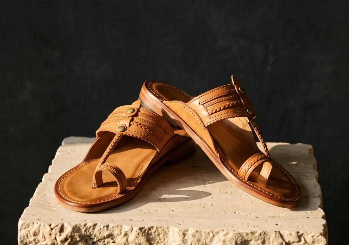 Wide crop of tan leather sandals on a stone pedestal, product photography for ecommerce ads